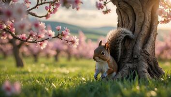 Squirrel Sitting at Base of Tree with Pink Blossoms Around photo