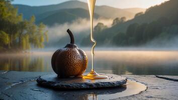 Pouring Honey on Gourd with Mountain Lake Foggy Background photo
