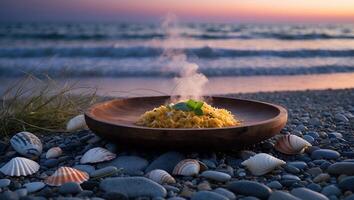 Serving Hot Meal on Beach at Sunset with Seashells Around photo