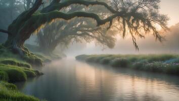 River Flowing Through Misty Landscape with Mossy Trees and Sunlight photo