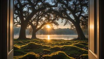 Open Door Framing Scenic Lake View at Sunrise with Mossy Ground photo
