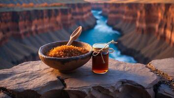 Bowl of Granules and Jar Near Canyon Scenery and River View photo