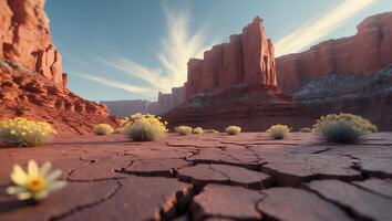Desert Landscape with Cracked Earth and Distant Rock Formations Under Sky photo