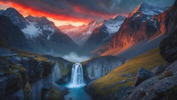 Waterfall Cascading in Mountain Valley at Dramatic Sunset with Snow photo