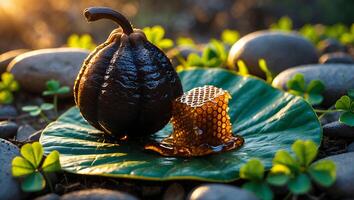 Presenting Honeycomb and Gourd on Leaf in Natural Stone Setting photo