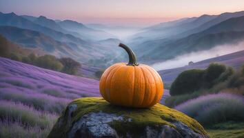 Pumpkin on Mossy Rock with Lavender Field and Mountain View photo