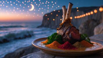 Gourmet Lamb Shank Dinner on Cliffside with Ocean View at Dusk photo