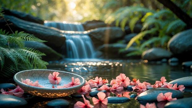 Waterfall and Hibiscus Blooms Create Serene Pond Scene for Relaxation photo