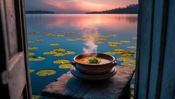 Hot Soup by Calm Lake at Sunset Through an Open Door photo