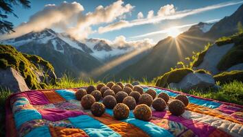Energy Balls on Quilt with Mountain View During Sunny Day photo