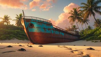 Shipwreck on Sandy Beach with Crabs and Tropical Sunset Scenery photo