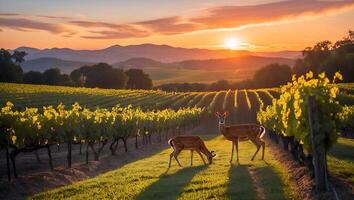 Deer Grazing in Vineyard at Sunset with Rolling Hills Backdrop photo