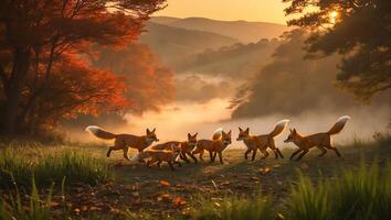 Fox Family Playing in Autumn Field with Foggy Mountain Backdrop photo