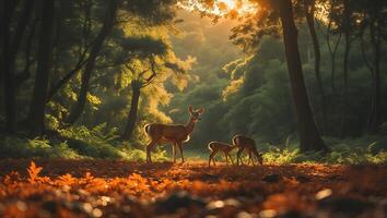 Deer Family Grazing in Forest at Dawn with Sunlit Leaves photo