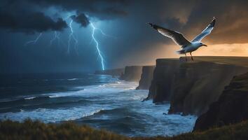 Seagull Takes Flight on Rocky Coastline During a Lightning Storm photo