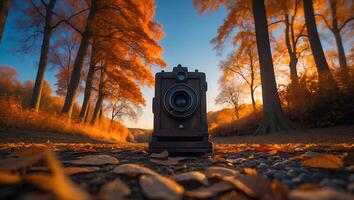 Old Camera in an Autumn Forest Setting with Fallen Leaves photo