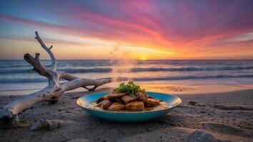 Serving Hot Dish on Beach with Vivid Sunset and Ocean Backdrop photo