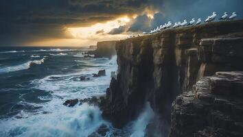 Seagulls on Cliff Edge Overlooking Dramatic Ocean Waves at Sunset photo