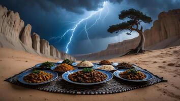 Arrangement of Dishes on Rug in Desert Landscape with Lightning photo