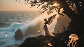 Woman with Wings on Cliff Overlooking Ocean Waves at Sunset photo