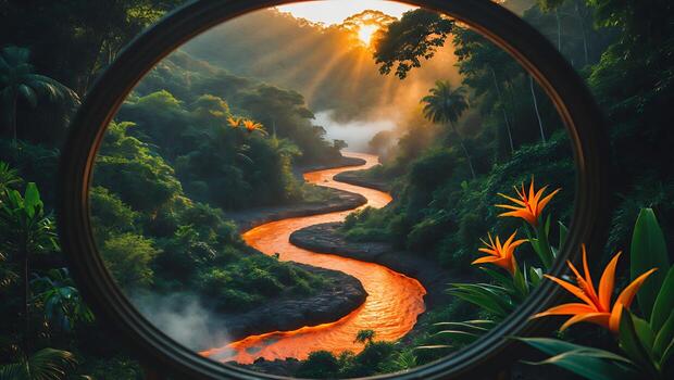 Flowing River Through Lush Jungle at Sunset Seen Through Round Frame photo