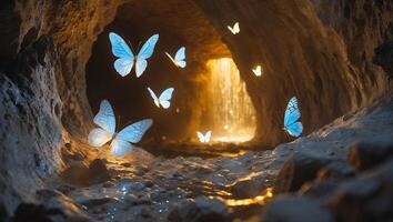 Blue Butterflies Flying in Cave with Golden Light Emanating From Opening photo