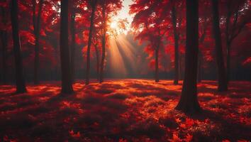 Rays of Light Shining Through Autumn Forest Landscape with Red Leaves photo