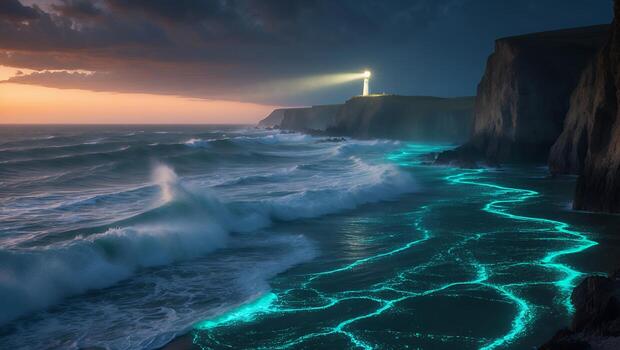 Lighthouse Shining at Dusk on Coastal Cliffs with Bioluminescent Waves photo