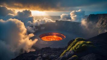 Lava Pool Fills Volcanic Crater Surrounded by Dramatic Cloudy Landscape photo