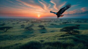 Eagle Soaring Over Savannah Grassland at Sunrise with Colorful Sky photo