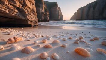 Seashells on Sandy Beach with Cliffs by the Ocean at Sunset photo