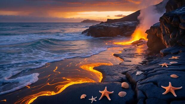 Lava Flowing Into Ocean at Sunset with Starfish and Shells photo