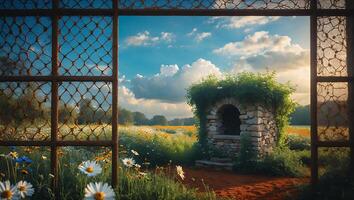 Stone Structure Overgrown with Greenery in Wildflower Meadow Seen Through Window photo