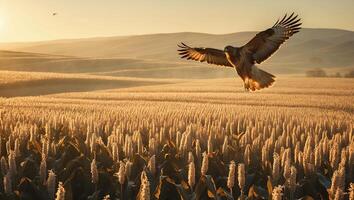 Hawk Flying Over Golden Wheat Field During Warm Golden Sunrise photo