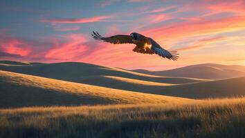 Hawk Flying Over Rolling Hills at Sunset with a Colorful Sky photo