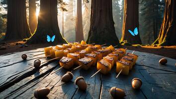 Grilled Skewers on Wood Surface with Forest and Butterflies Backdrop photo