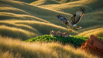 Hawk Flying Over Rabbits on Hillside in Natural Landscape Scenery photo