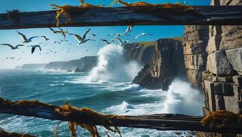 Ocean Waves Crashing Against Rocky Cliffs with Seagulls Flying Overhead photo