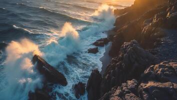 Crashing Waves on Rocky Coastline at Sunset with Golden Light photo
