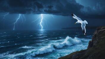 Seagull Flying Over Stormy Ocean with Lightning Strikes at Sea photo