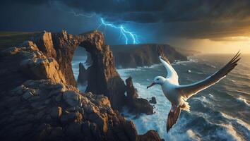 Seagull Soaring Over Rocky Coastline with Dramatic Lightning Storm photo