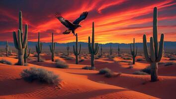 Eagle Flying Over Desert Landscape with Cacti and Vibrant Sunset photo