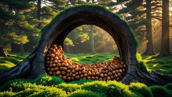 Tangerines Filling Hollow Log in Forest Clearing Bathed in Sunlight photo