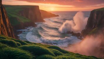 Coastal Cliffs and Breaking Waves at Sunset with Green Hills photo
