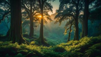 Sunlight Through Tall Trees Illuminates Lush Green Forest Landscape photo