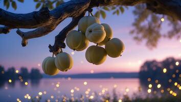 Hanging Fruits on a Branch Overlooking Water at Twilight Hour photo