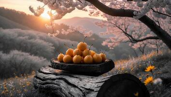 Oranges on Wood Slab with Scenic Mountain and Blossom View photo