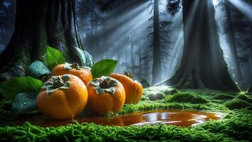Persimmon Fruits with Leaves on Mossy Forest Floor Reflecting Light photo