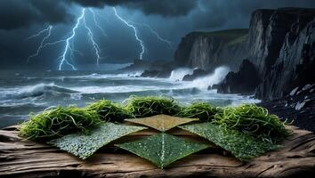 Dramatic Seascape with Lightning and Seaweed Displayed on Wooden Surface photo