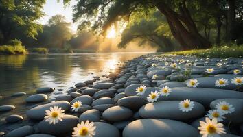 Riverbank with Rocks and Daisies in a Peaceful Morning Scene photo